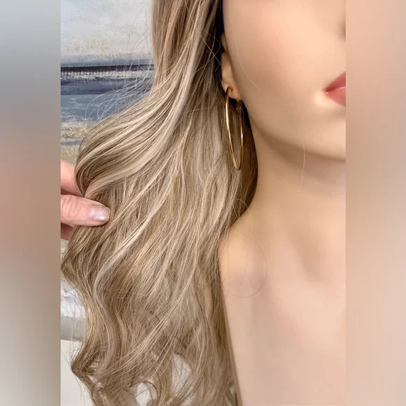 HAIR, 25” Long Wavy Layers, Center Part Bangs Ombre Med Brown/Blonde - Picture 4 of 16